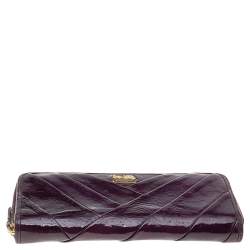 Pre Owned Coach Purple Diagonal Pleated Patent Leather Accordion Zip Around Wallet