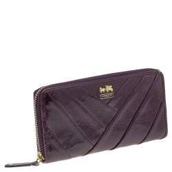 Pre Owned Coach Purple Diagonal Pleated Patent Leather Accordion Zip Around Wallet