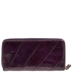 Pre Owned Coach Purple Diagonal Pleated Patent Leather Accordion Zip Around Wallet