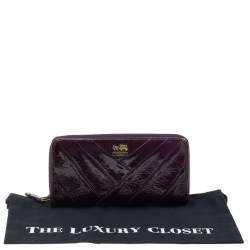 Pre Owned Coach Purple Diagonal Pleated Patent Leather Accordion Zip Around Wallet
