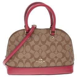 Pre Owned Coach Beige/Red Signature Coated Canvas and Patent Leather Mini Sierra Satchel