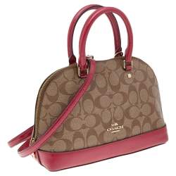 Pre Owned Coach Beige/Red Signature Coated Canvas and Patent Leather Mini Sierra Satchel