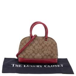 Pre Owned Coach Beige/Red Signature Coated Canvas and Patent Leather Mini Sierra Satchel