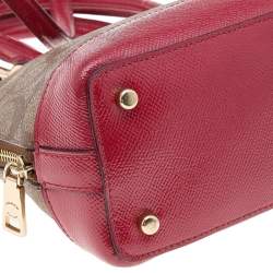 Pre Owned Coach Beige/Red Signature Coated Canvas and Patent Leather Mini Sierra Satchel