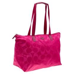 Pre Owned Coach Pink Nylon Getaway Packable Weekender Tote