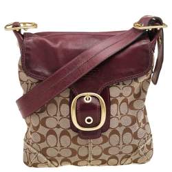 Pre Owned Coach Beige/Maroon Canvas and Leather Crossbody Bag