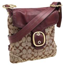 Pre Owned Coach Beige/Maroon Canvas and Leather Crossbody Bag