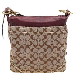 Pre Owned Coach Beige/Maroon Canvas and Leather Crossbody Bag
