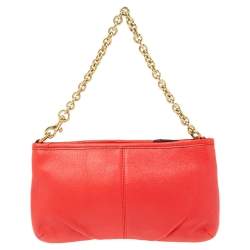 Pre Owned Coach Coral Orange Leather Mini Chain Pochette 