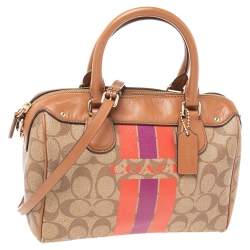 Pre Owned Coach Brown Signature Varsity Stripe Coated Canvas Mini Bennett Satchel