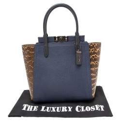 Pre Owned Coach Navy Blue/Brown Leather And Water Snakeskin Troupe Tote