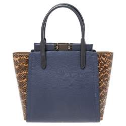 Pre Owned Coach Navy Blue/Brown Leather And Water Snakeskin Troupe Tote