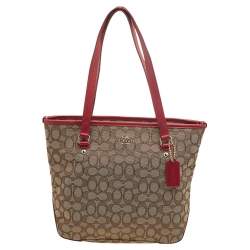 Pre Owned Coach Beige/Red Signature Canvas And Leather Trim Tote