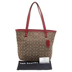 Pre Owned Coach Beige/Red Signature Canvas And Leather Trim Tote