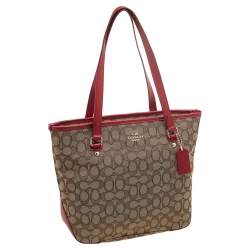 Pre Owned Coach Beige/Red Signature Canvas And Leather Trim Tote