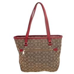 Pre Owned Coach Beige/Red Signature Canvas And Leather Trim Tote