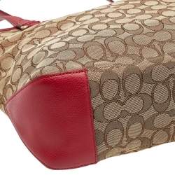Pre Owned Coach Beige/Red Signature Canvas And Leather Trim Tote