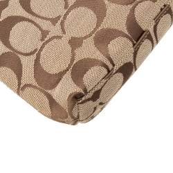 Pre Owned Coach Brown/Beige Signature Canvas and Leather Turnlock Wristlet Pouch