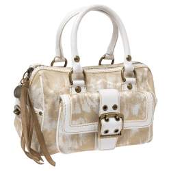 Coach Beige/White Signature Canvas and Leather Buckle Satchel
