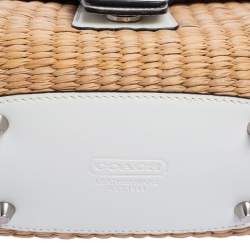 Pre Owned Coach White/Beige Raffia and Leather Buckle Flap Top Handle Bag