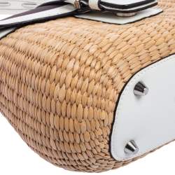 Pre Owned Coach White/Beige Raffia and Leather Buckle Flap Top Handle Bag