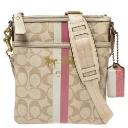 Pre Owned Coach Beige Signature Coated Canvas and Leather Heritage Swingpack Crossbody Bag