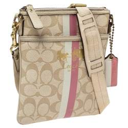 Pre Owned Coach Beige Signature Coated Canvas and Leather Heritage Swingpack Crossbody Bag