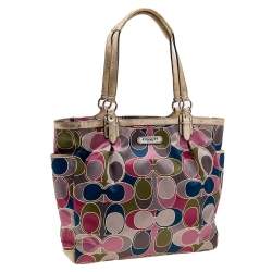 Pre Owned Coach Multicolor Signature Satin and Leather Tote