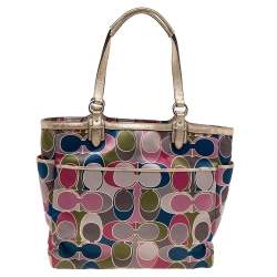 Pre Owned Coach Multicolor Signature Satin and Leather Tote