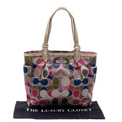 Pre Owned Coach Multicolor Signature Satin and Leather Tote