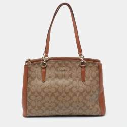 Pre Owned Coach Brown/Beige Signature Coated Canvas and Leather Christie Carryall Satchel