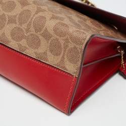 Pre Owned حقيبة كتف كوتش باركر جلد وكانفاس مقوى بالشعار أحمر/بيج