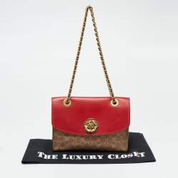 Pre Owned حقيبة كتف كوتش باركر جلد وكانفاس مقوى بالشعار أحمر/بيج