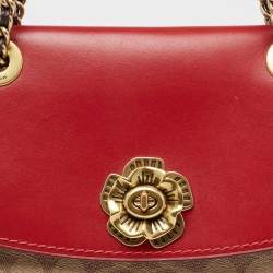 Pre Owned حقيبة كتف كوتش باركر جلد وكانفاس مقوى بالشعار أحمر/بيج