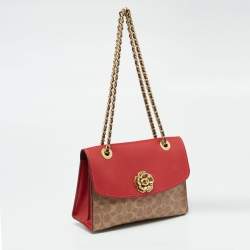 Pre Owned حقيبة كتف كوتش باركر جلد وكانفاس مقوى بالشعار أحمر/بيج