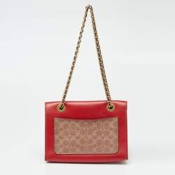 Pre Owned حقيبة كتف كوتش باركر جلد وكانفاس مقوى بالشعار أحمر/بيج