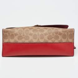 Pre Owned حقيبة كتف كوتش باركر جلد وكانفاس مقوى بالشعار أحمر/بيج