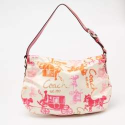 Pre Owned Coach Pink/Cream Carriage Print Fabric and Patent Leather Flap Hobo