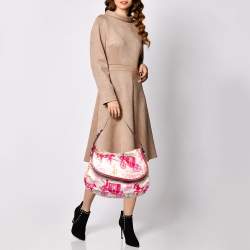 Pre Owned Coach Pink/Cream Carriage Print Fabric and Patent Leather Flap Hobo