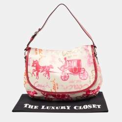 Pre Owned Coach Pink/Cream Carriage Print Fabric and Patent Leather Flap Hobo