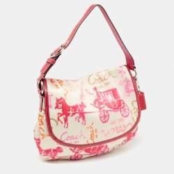 Pre Owned Coach Pink/Cream Carriage Print Fabric and Patent Leather Flap Hobo