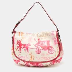 Pre Owned Coach Pink/Cream Carriage Print Fabric and Patent Leather Flap Hobo