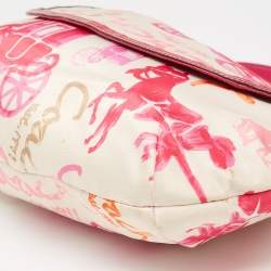 Pre Owned Coach Pink/Cream Carriage Print Fabric and Patent Leather Flap Hobo