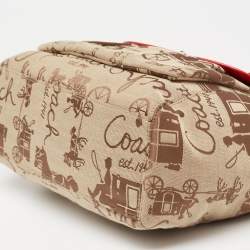 Pre Owned Coach Red/Beige Horse Carriage Print Canvas and Leather Shoulder Bag