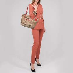 Pre Owned Coach Red/Beige Horse Carriage Print Canvas and Leather Shoulder Bag