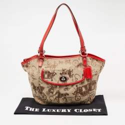 Pre Owned Coach Red/Beige Horse Carriage Print Canvas and Leather Shoulder Bag