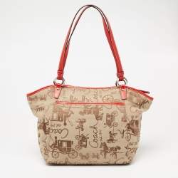 Pre Owned Coach Red/Beige Horse Carriage Print Canvas and Leather Shoulder Bag