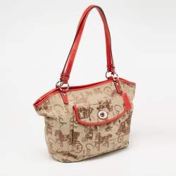 Pre Owned Coach Red/Beige Horse Carriage Print Canvas and Leather Shoulder Bag