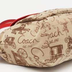 Pre Owned Coach Red/Beige Horse Carriage Print Canvas and Leather Shoulder Bag