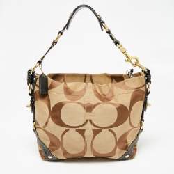 Pre Owned Coach Beige/Dark Brown Signature Canvas and Leather Carly Hobo